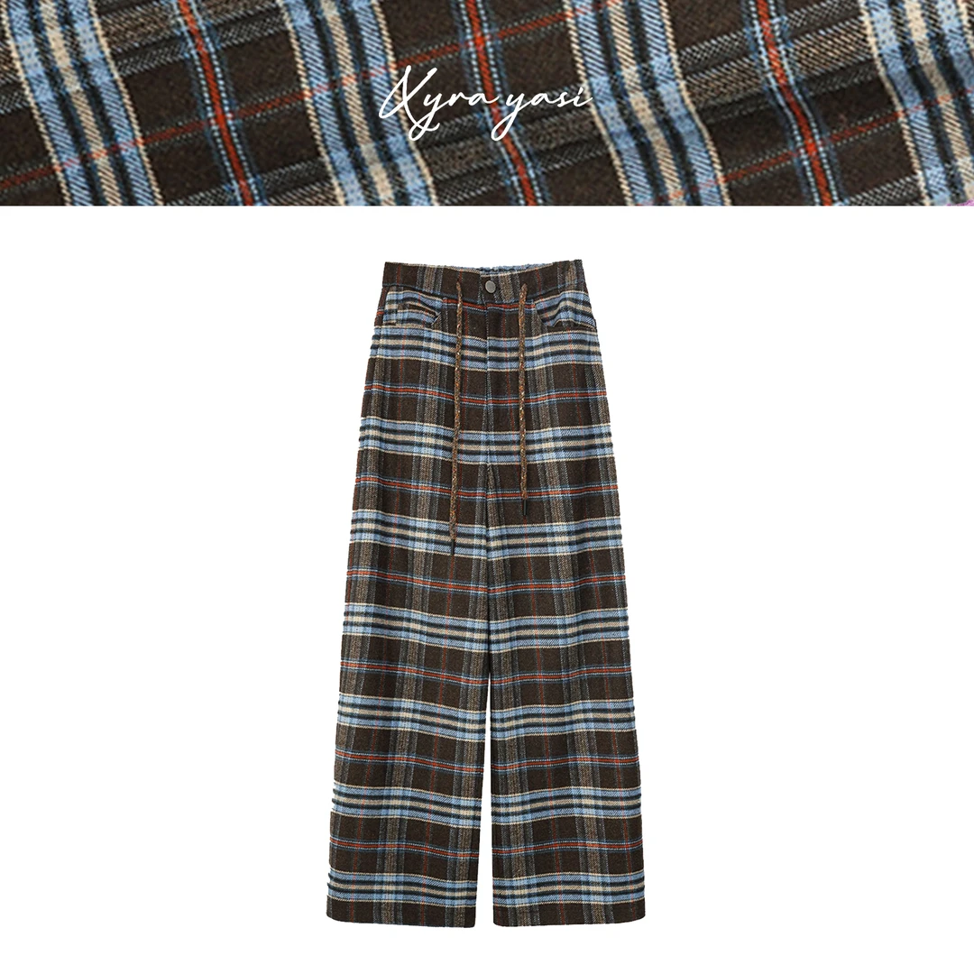 Xyra Yasi 羊毛格纹拼接对格设计宽松休闲百搭舒适长裤2583