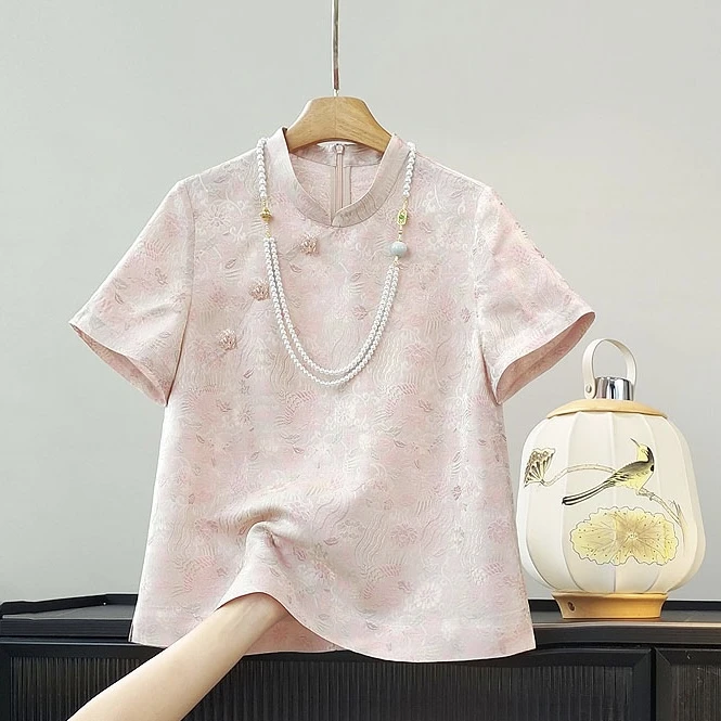 国风新中式粉凤囚凰花萝上衣减龄气质粉色立领斜襟短袖女洋气