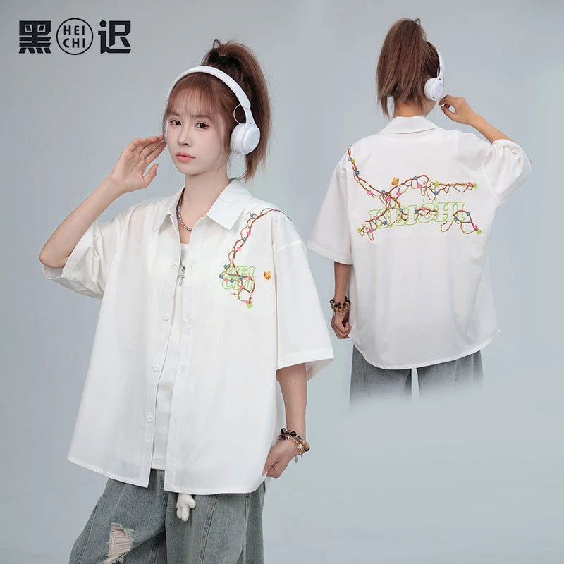 黑迟原创花卉蝴蝶刺绣短袖衬衫男女夏季凉感薄款情侣上衣