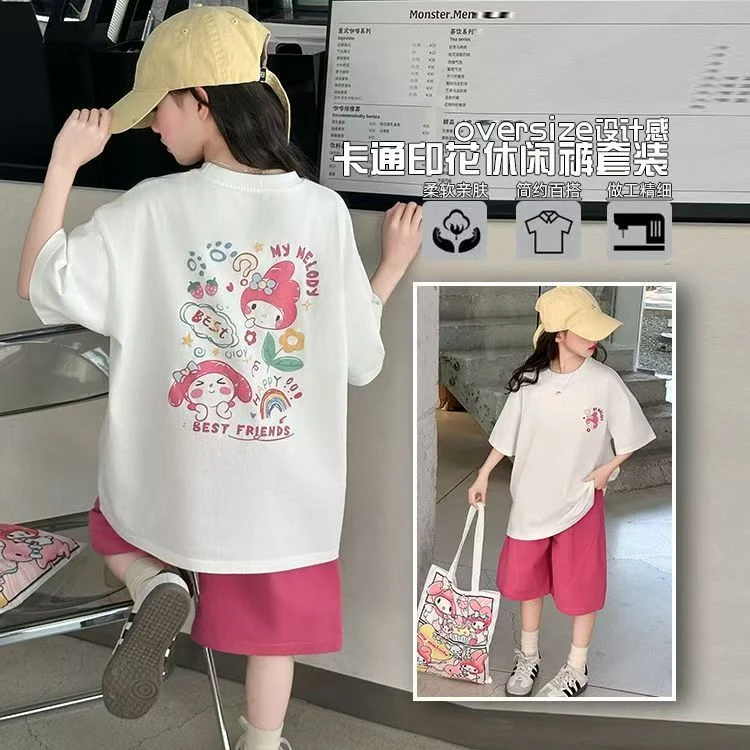 女童套装2025夏季新款女童卡通涂鸦印花短袖T恤休闲百搭两件套潮T