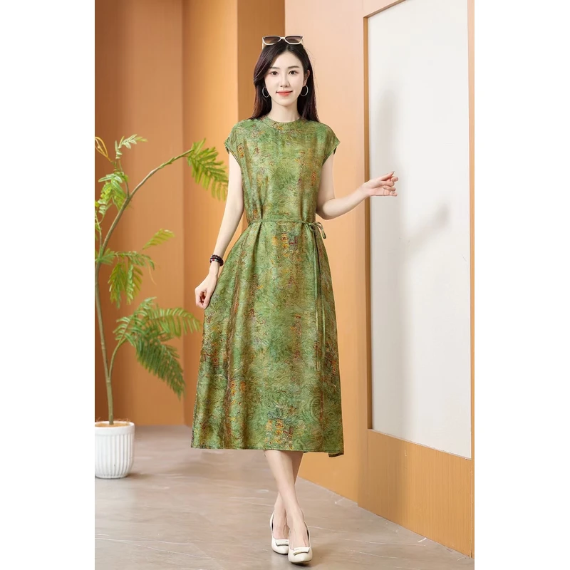 绿油菜夏季女士收腰优雅显气质复古洋气国风提花连衣裙时尚显瘦