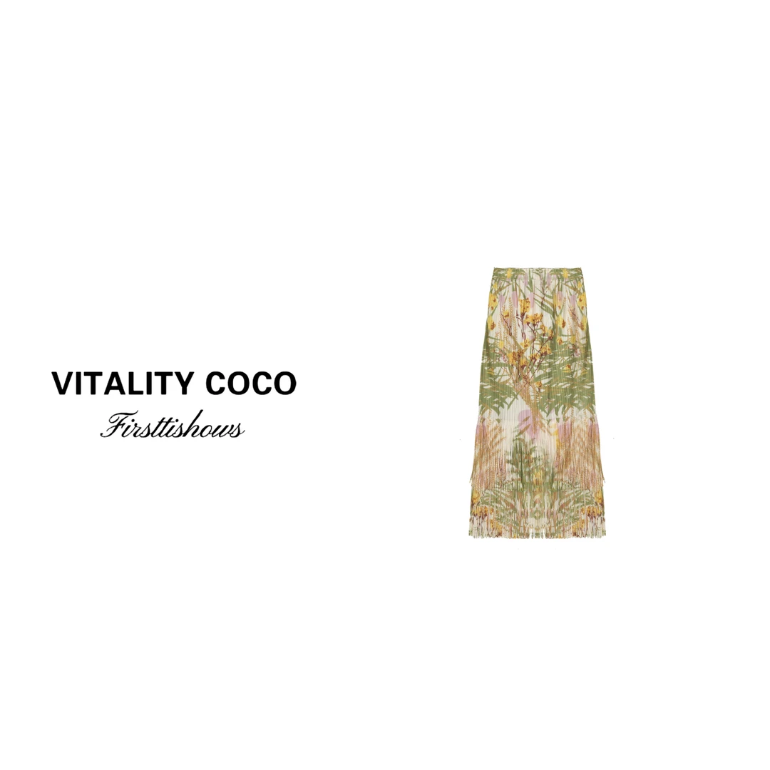 「VITALITY COCO」2025早春新品时尚百搭高腰中长款花色半身裙-