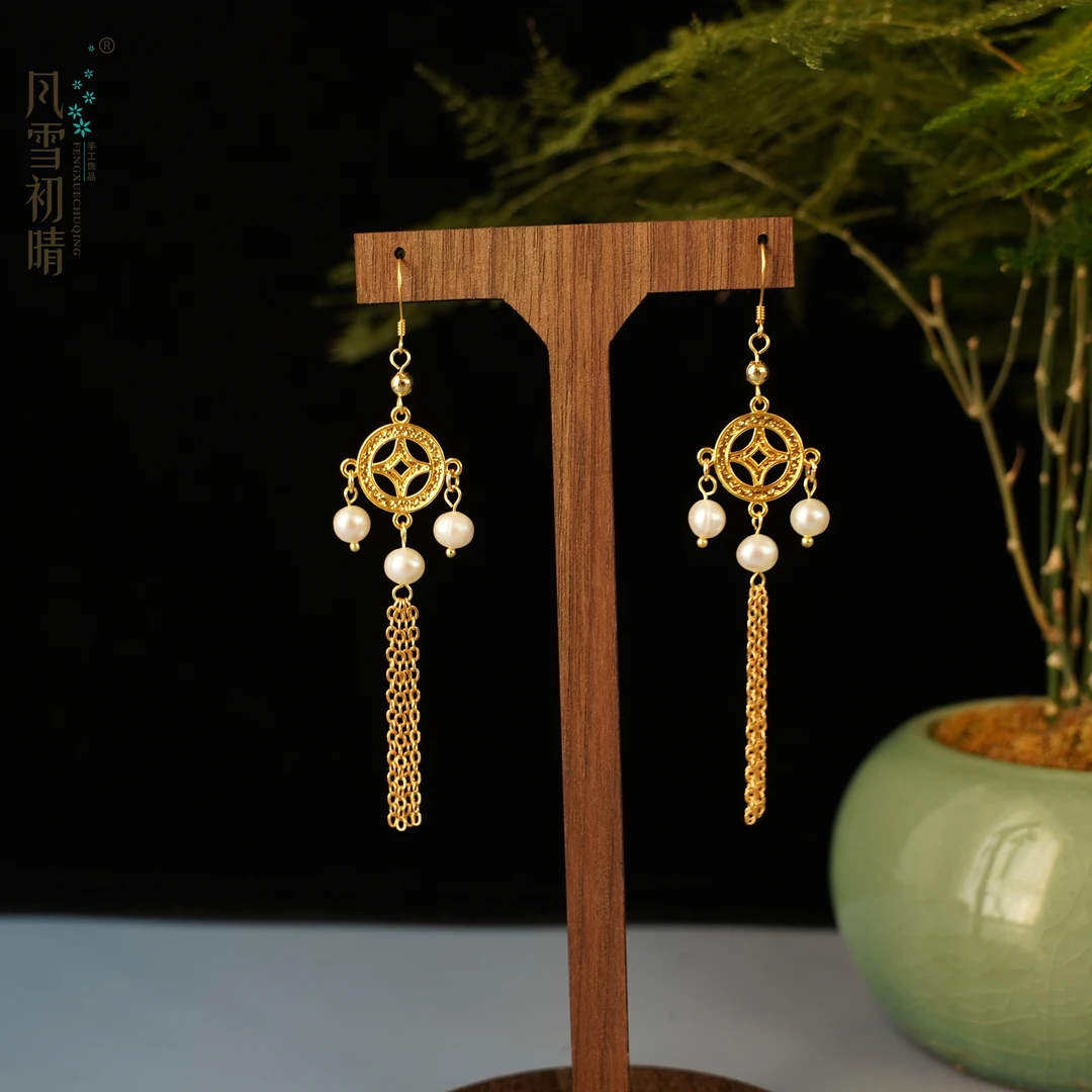风雪初晴众珠金宝金翰金荷金明金叶耳环手工古风汉服配饰