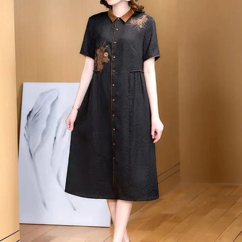 1-078-66新款时尚气质休闲显瘦连衣裙复古黑色百搭妈妈装休闲裙子