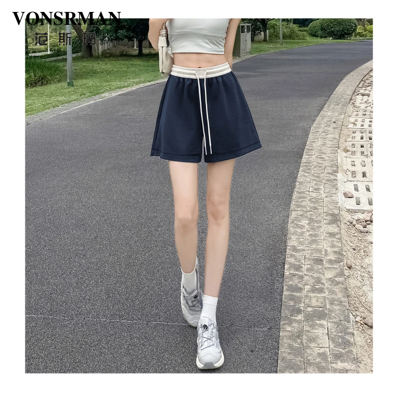 高腰运动短裤女夏季2025新款显瘦藏青色美式外穿健身阔腿三分裤子
