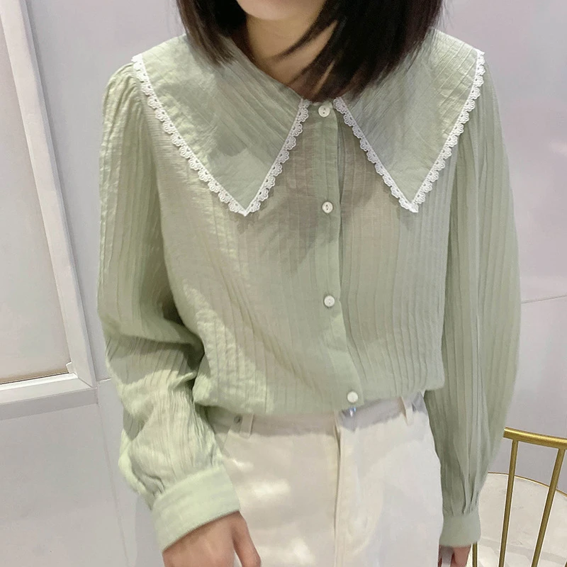 花边娃娃领上衣 2025春夏新款韩版洋气设计感宽松休闲衬衫C8114