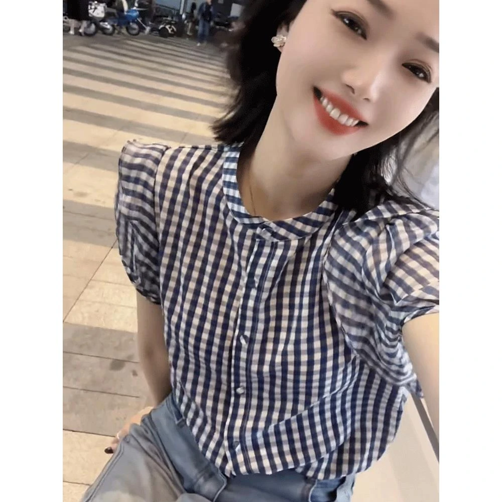 法式气质荷叶边爆款格子短袖衬衫女2025夏季新款休闲显瘦衬衣上衣