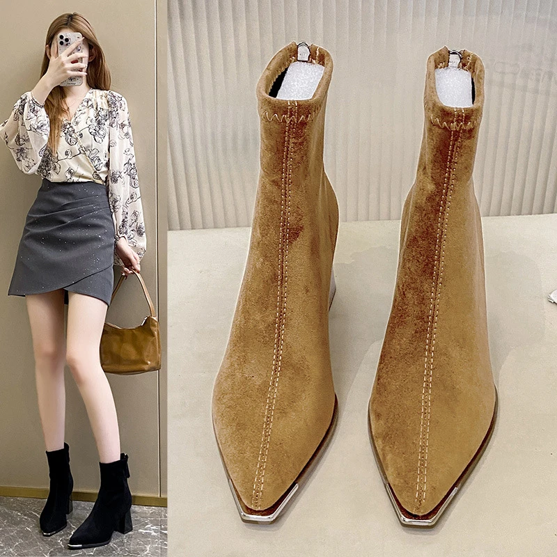 2025年秋冬季新款裸靴6CM法式时尚粗跟绒面瘦瘦靴后拉链软底短靴