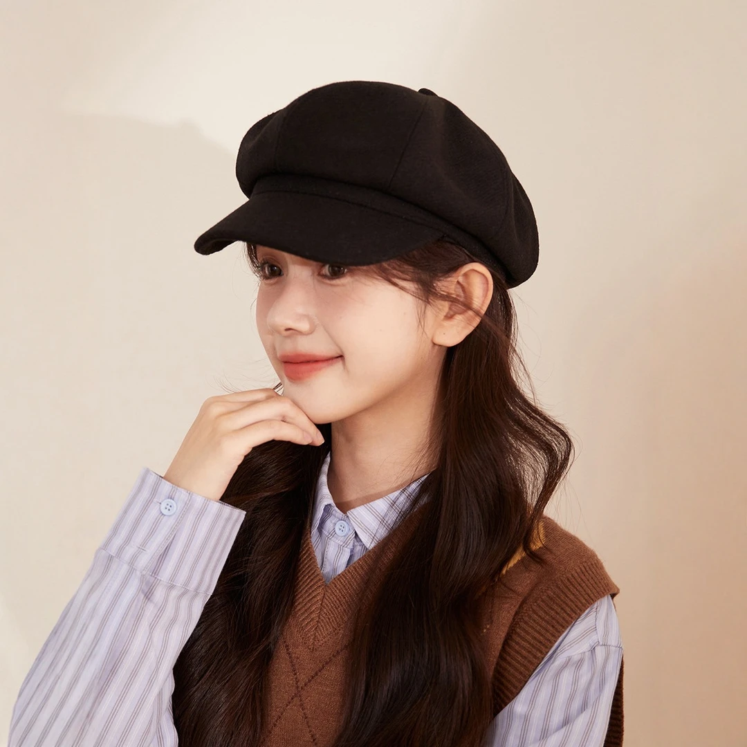毛呢八角帽子女美拉德穿搭大头围复古百搭贝雷帽显脸小鸭舌报童帽