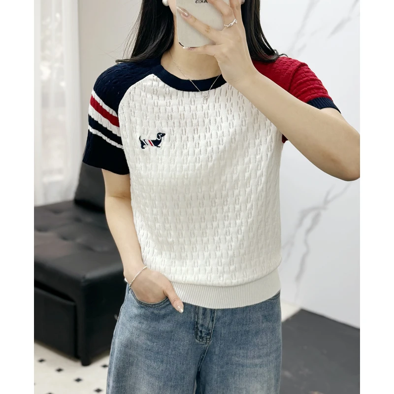 镂空刺绣小狗春夏季新款丝光绵羊毛针织短袖T恤x3041