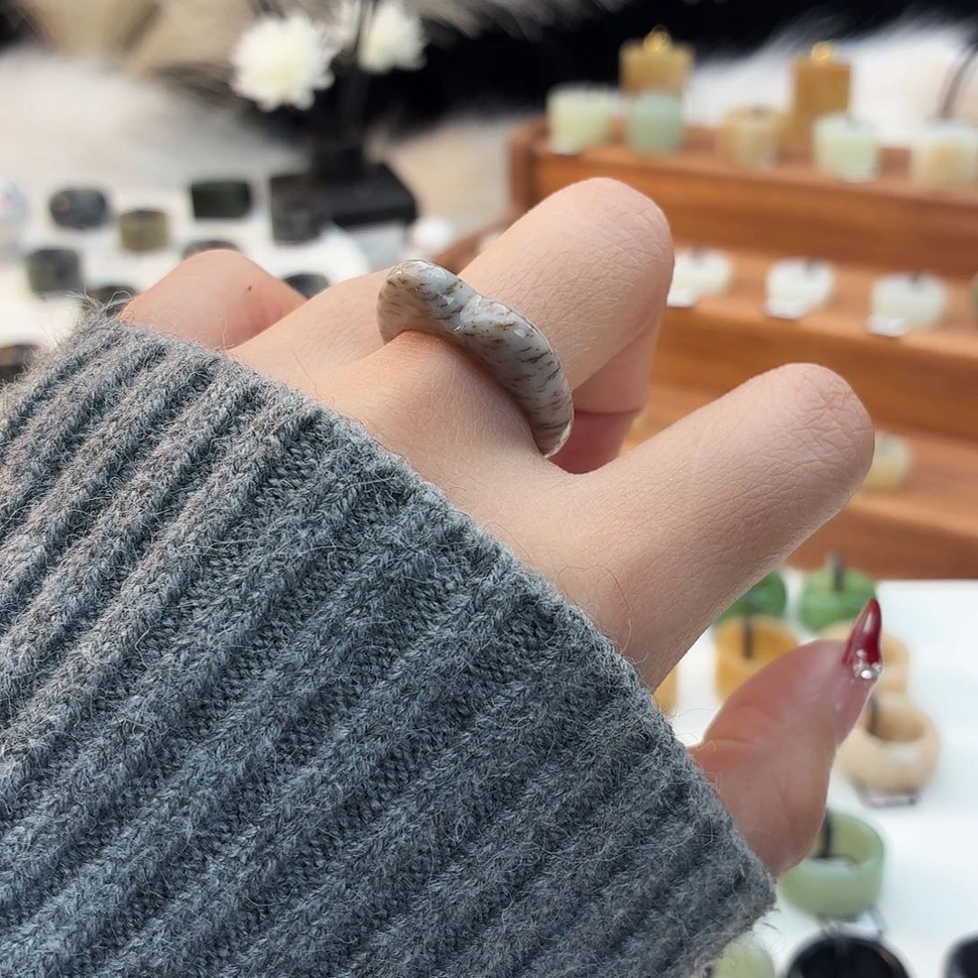 和田玉未镶嵌戒指i139豹纹猫耳18.1mm