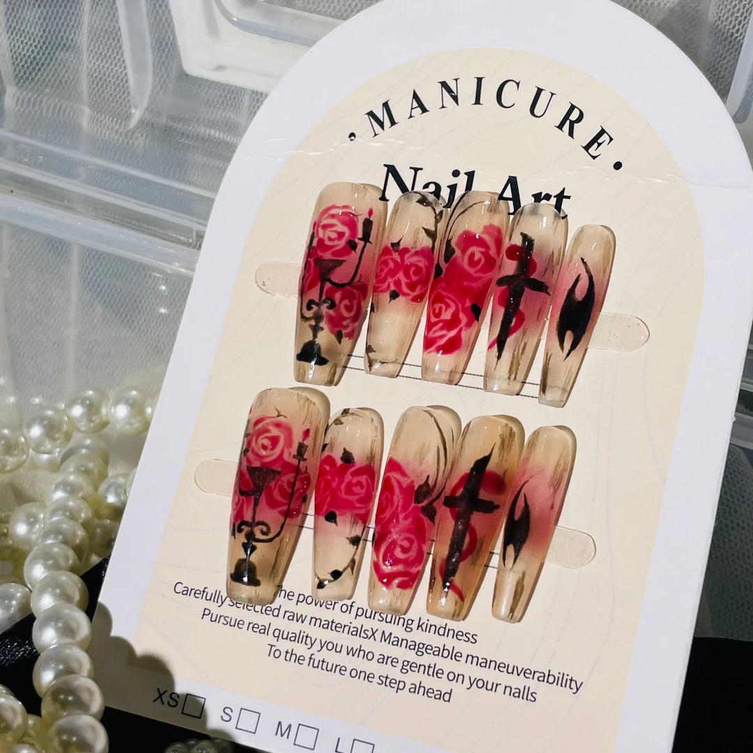 纯手绘暗黑风晕染腮红花花长椭圆温柔风穿戴甲假指甲贴片成品