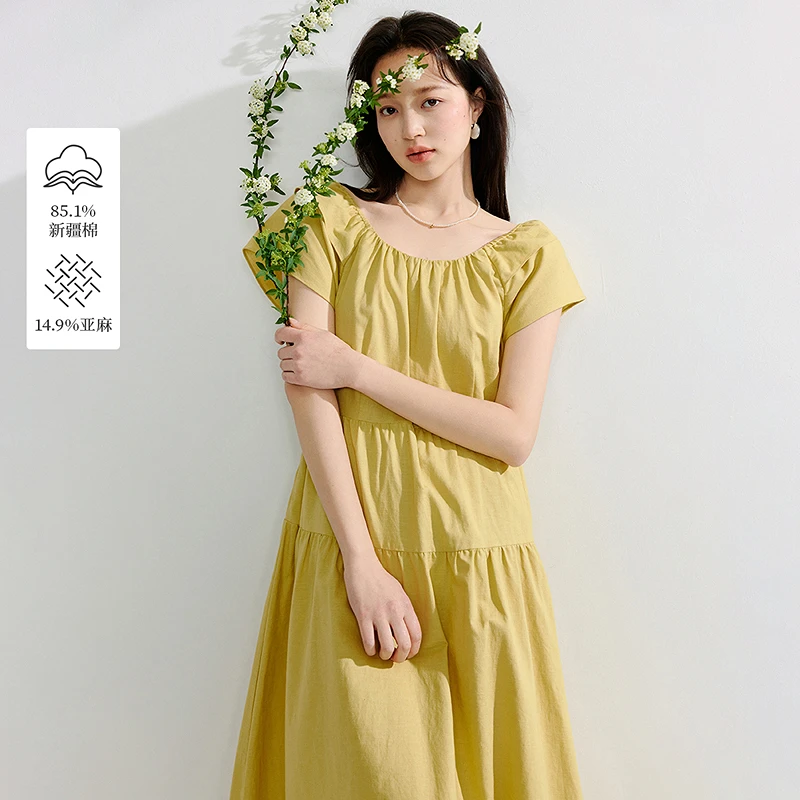 【王雪糕专属】茵曼亚麻小飞袖圆领连衣裙女设计感裙子W18525818