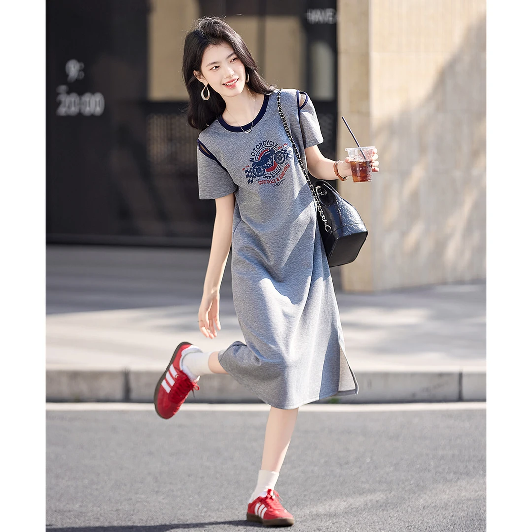 尚静文艺风撞色拼接开叉连衣裙2025夏季新款宽松百搭高腰中长裙