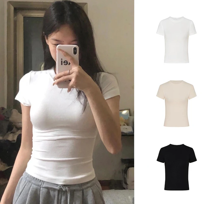 醉梓菡圆领正肩短袖T恤女内搭外穿夏季百搭修身显瘦辣妹打底上衣