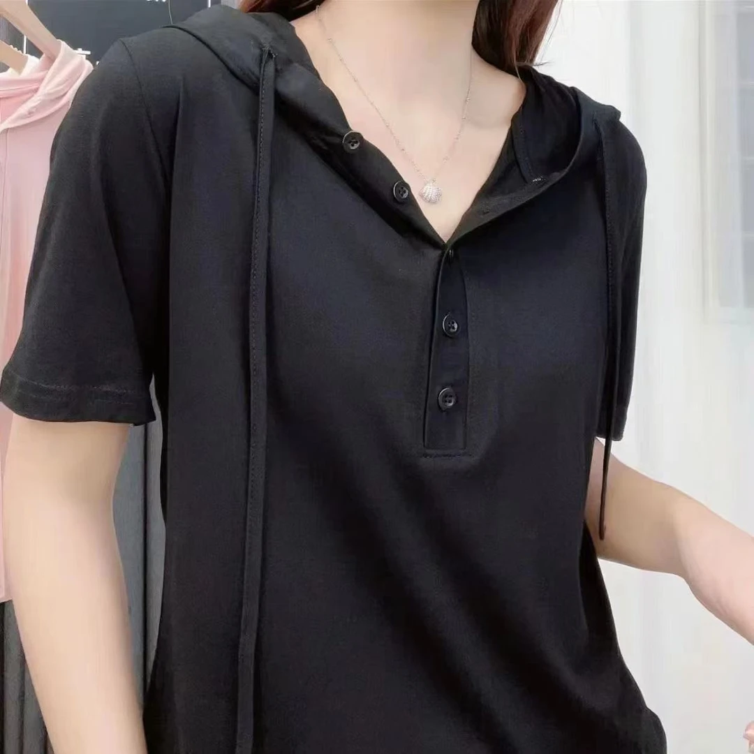 196连帽运动短袖T恤透气短款夏季韩版春夏宽松型休闲女潮