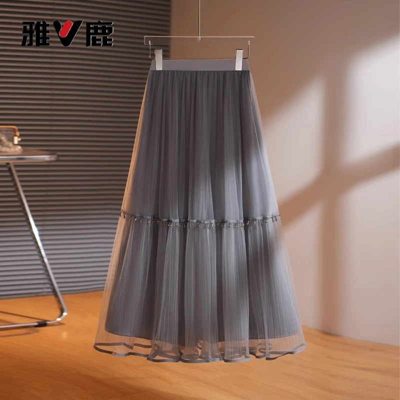 雅鹿超好看网纱半身裙女2025年秋季新款时尚百搭松紧高腰伞裙女