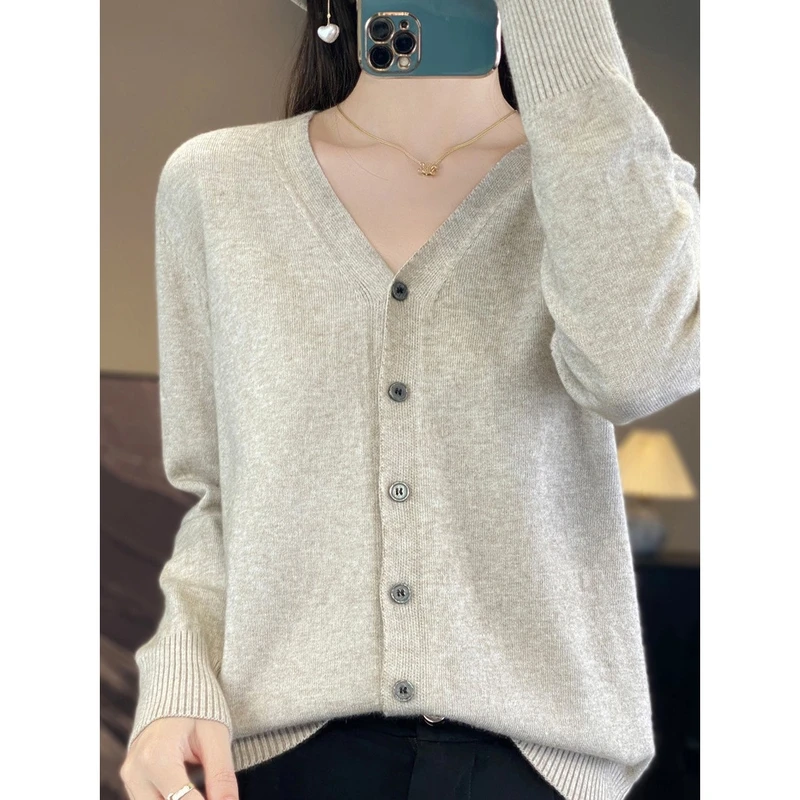 针织衫V领开衫女春秋新款毛衣外套安迪绒外搭上衣6004