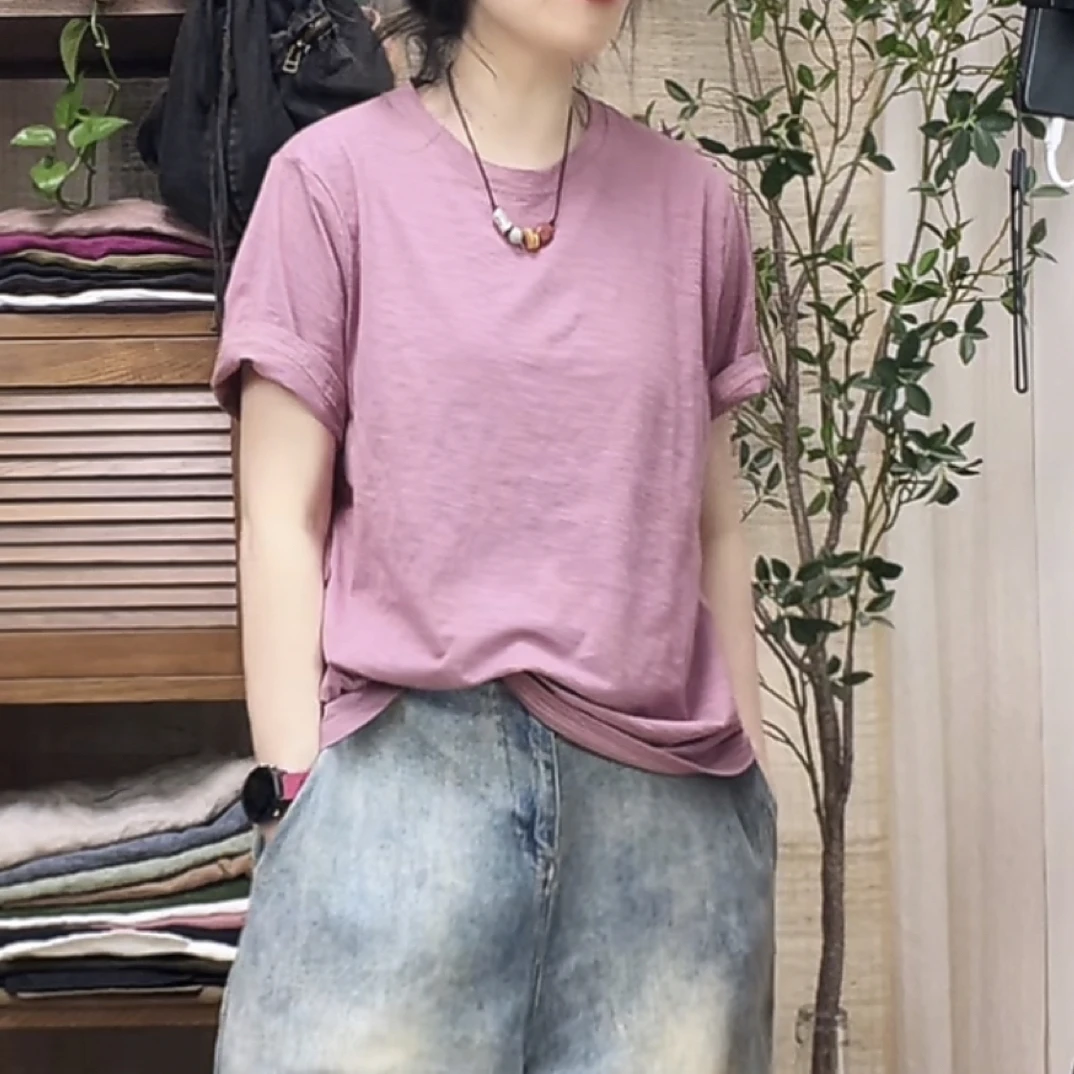 原创棉麻 老钱风 100%竹节棉短袖打底衫T恤