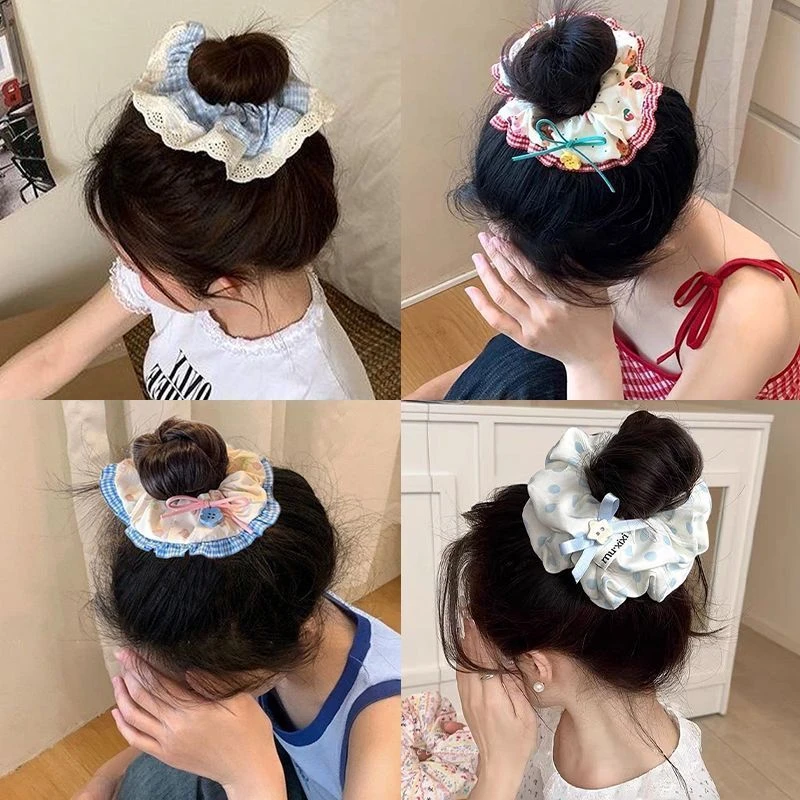 韩系蓝白波点大肠发圈女2025新款慵懒风丸子头发绳扎头发头花头绳
