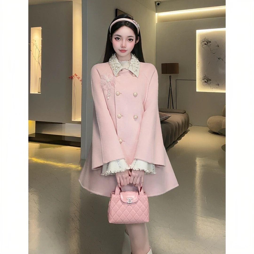 NICE KIKI【粉黛笙花】2025冬可拆卸镶钻领粉色双面羊毛大衣098