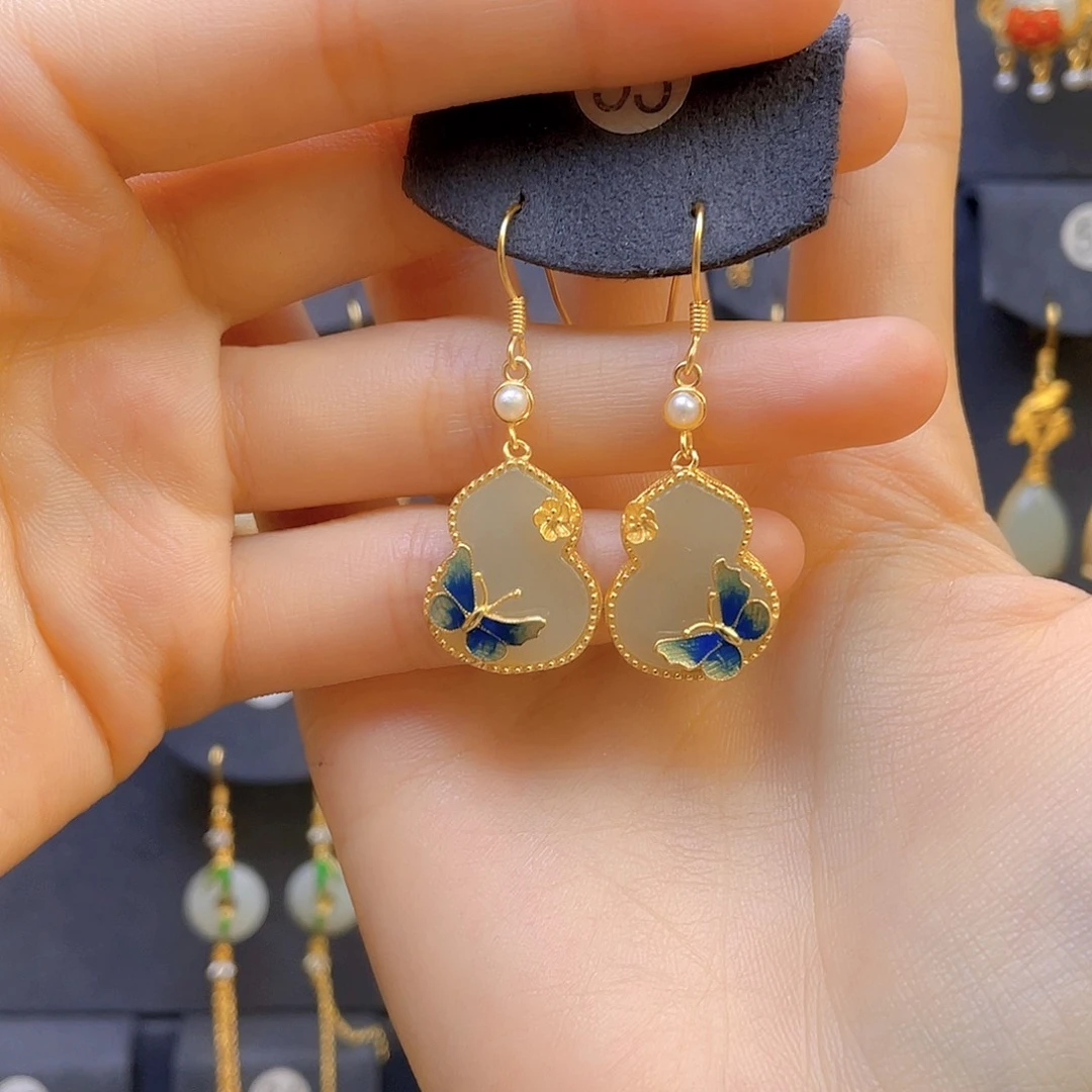 和田玉耳饰银S925镀金镶嵌