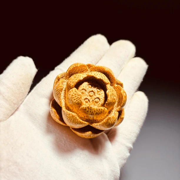 竹根雕莲花手把件手工底座摆件手工文玩