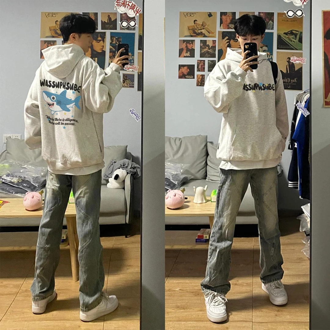 WASSUP HSUBE百搭美式长袖秋冬休闲宽松印花卡通鲨鱼卫衣情侣上衣