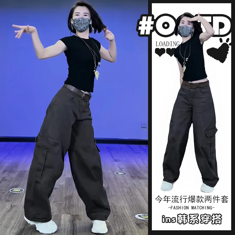 夏季修身显瘦黑色T恤高腰宽松显瘦休闲裤窄版阔腿长裤两件套