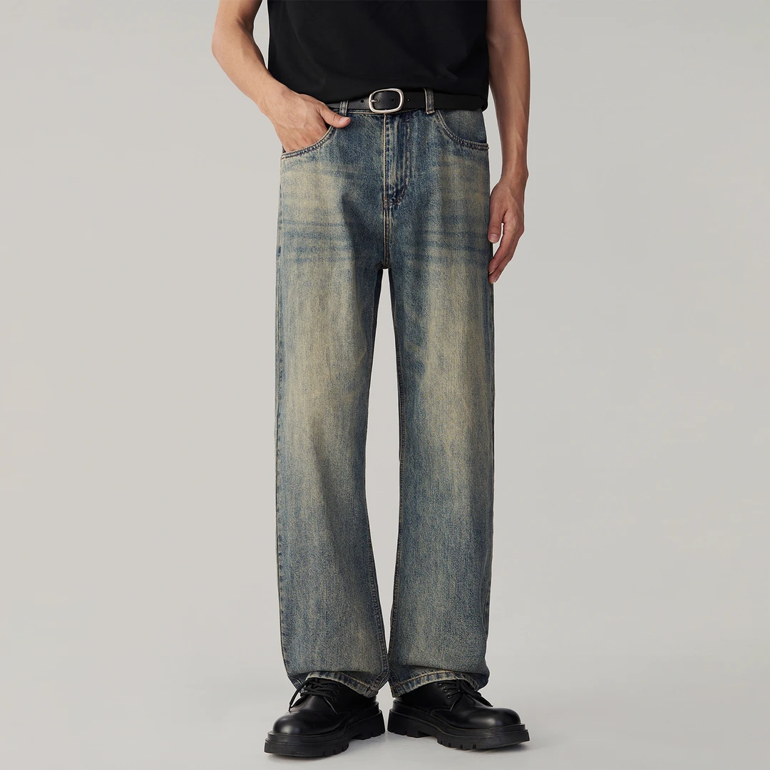 2025新款春季水洗复古阔腿牛仔裤男款潮牌cleanfit直筒宽松裤子男