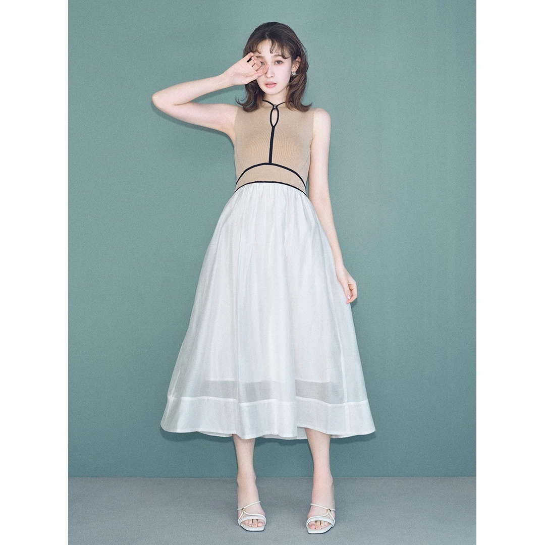 【胖虎家】夏季新款 L 显瘦透气针织拼接连衣裙无袖优雅法式裙子