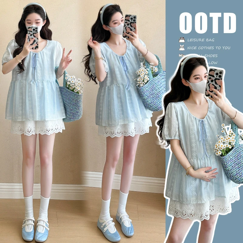 2025夏季新款孕妇装韩版蕾丝娃娃衫泡泡袖上衣蕾丝短裤套装外穿