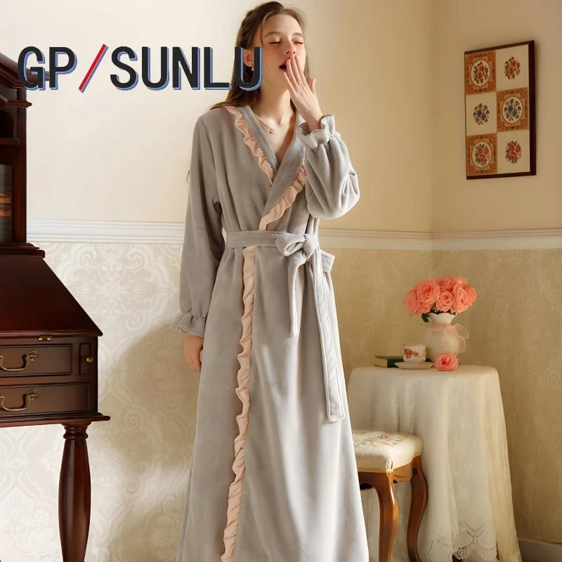 GPSUNLU珊瑚绒睡袍女秋冬加厚加绒法式性感睡衣浴袍法兰绒家居服
