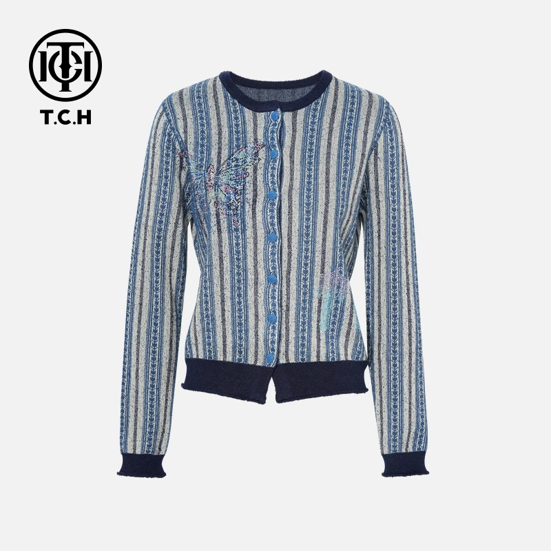 TCH私服秋款慵懒风烫钻时尚淑女蓝色针织开衫T75C43E5057X轻奢tch