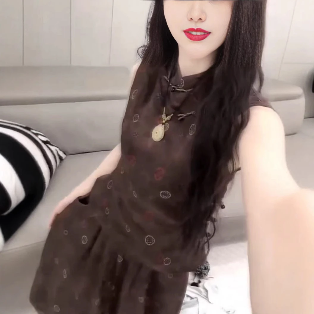 82503夏季新款新中式盘扣无袖上衣高腰半身裙女