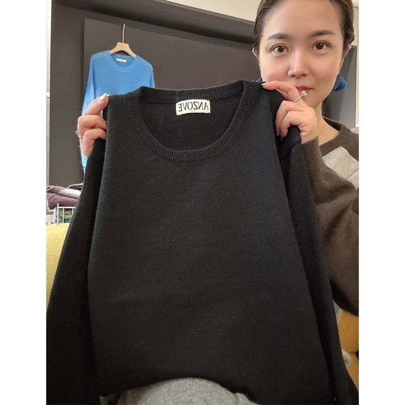 「微光」早秋穿搭慵懒风纯色圆领毛衣秋冬内搭针织打底上衣-5272