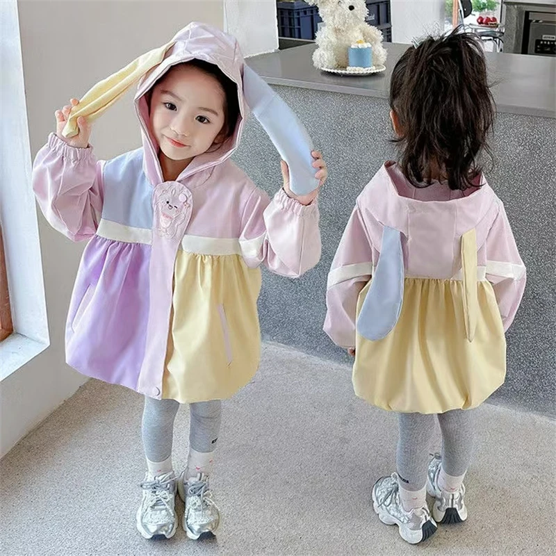 女童春秋洋气韩版兔耳朵拼接冲锋衣儿童休闲百搭拼色冲锋衣C41