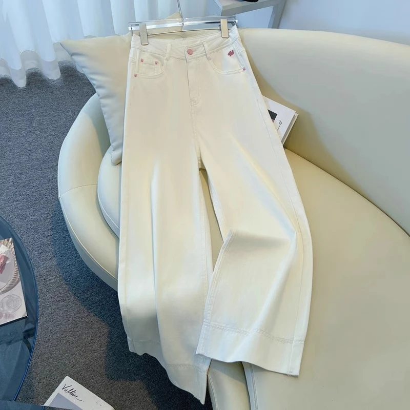 白色阔腿牛仔裤女2025春秋新款高腰宽松窄版显瘦设计感刺绣直筒裤