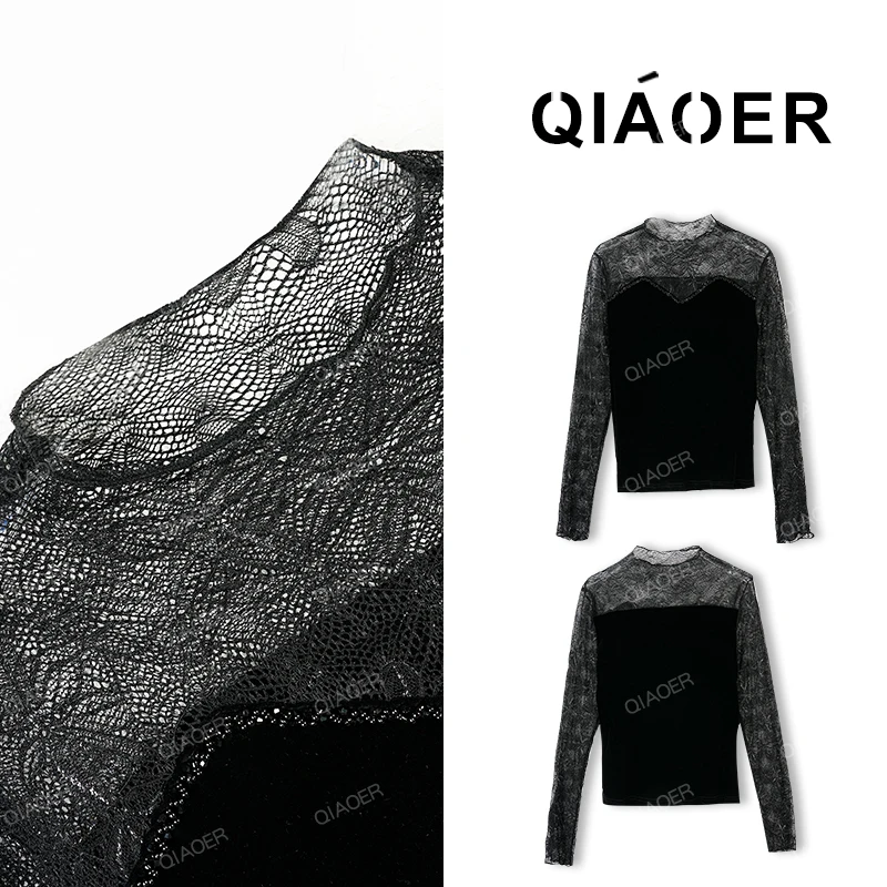 乔儿定制【赫拉小姐】重工蕾丝镂空长袖丝绒打底衫女百搭半高领T恤