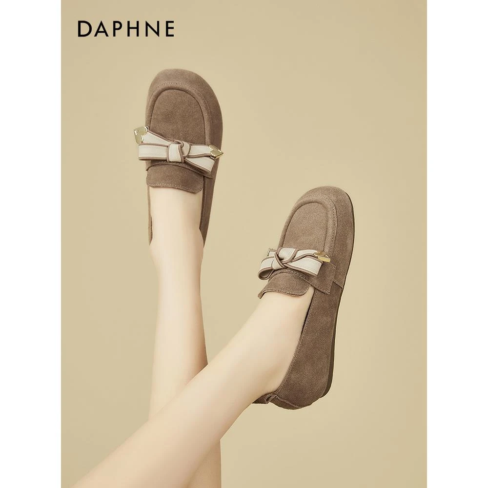 达芙妮真皮平底单鞋女2025春季新款温柔风蝴蝶结一脚蹬百搭豆豆鞋