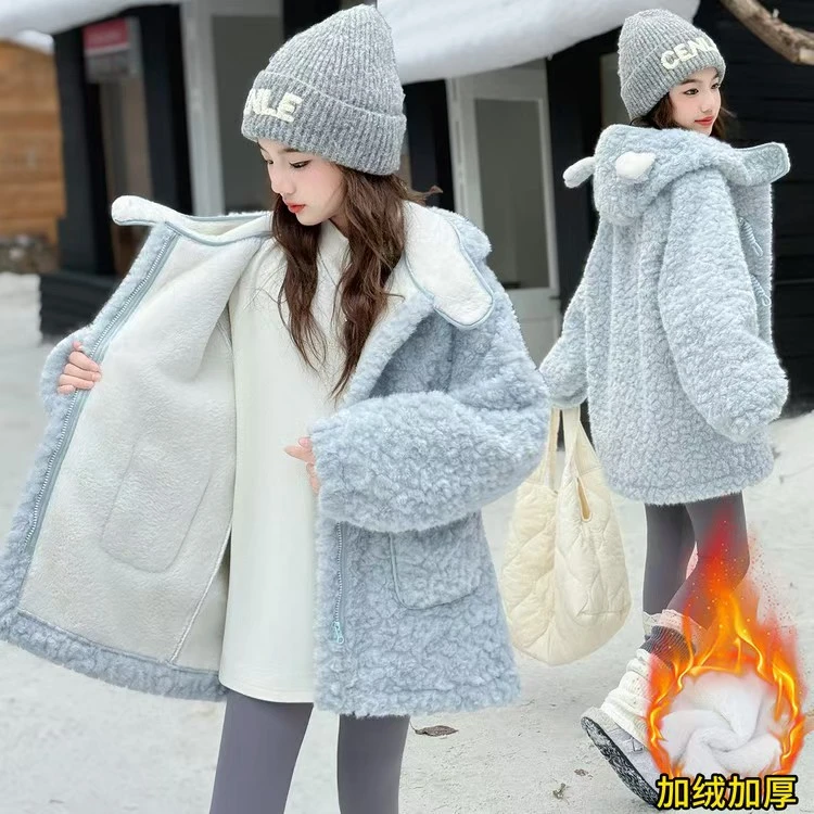 休闲风中长款少女风字母厚款外套上衣加绒韩版儿童