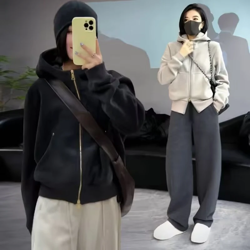 厚克重新款高级感连帽双拉链加厚卫衣外套女装休闲宽松极简风上衣