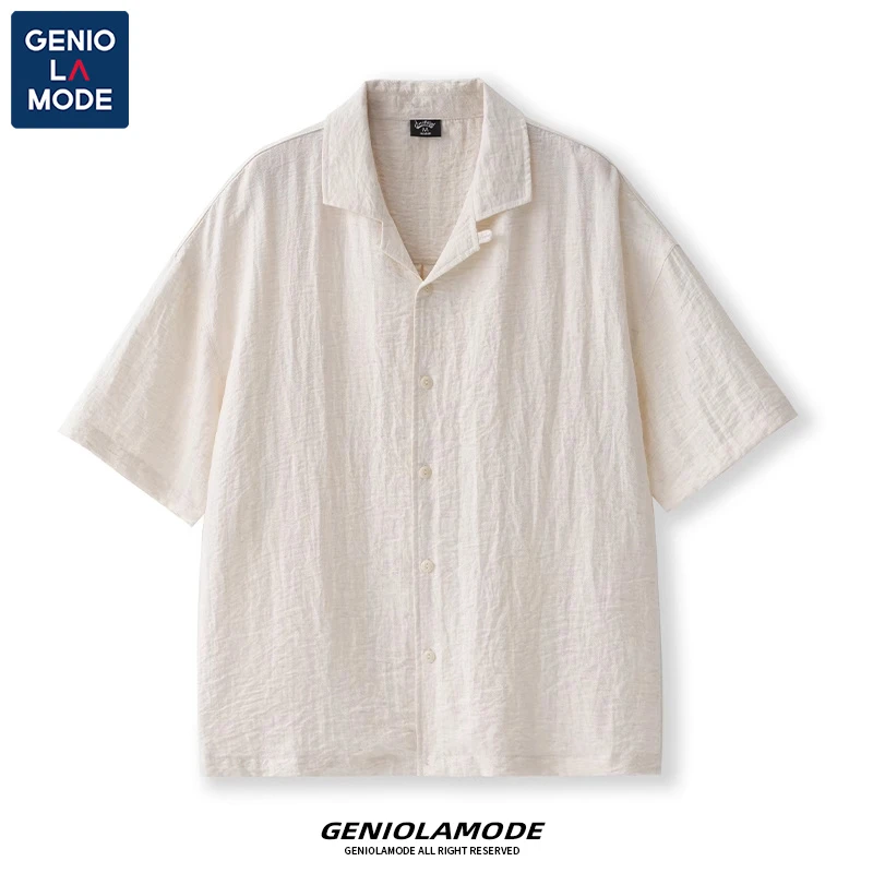 【凉呼呼】GENIOLAMODE亚麻肌理感白色短袖衬衫男2025夏季衬衣宽松