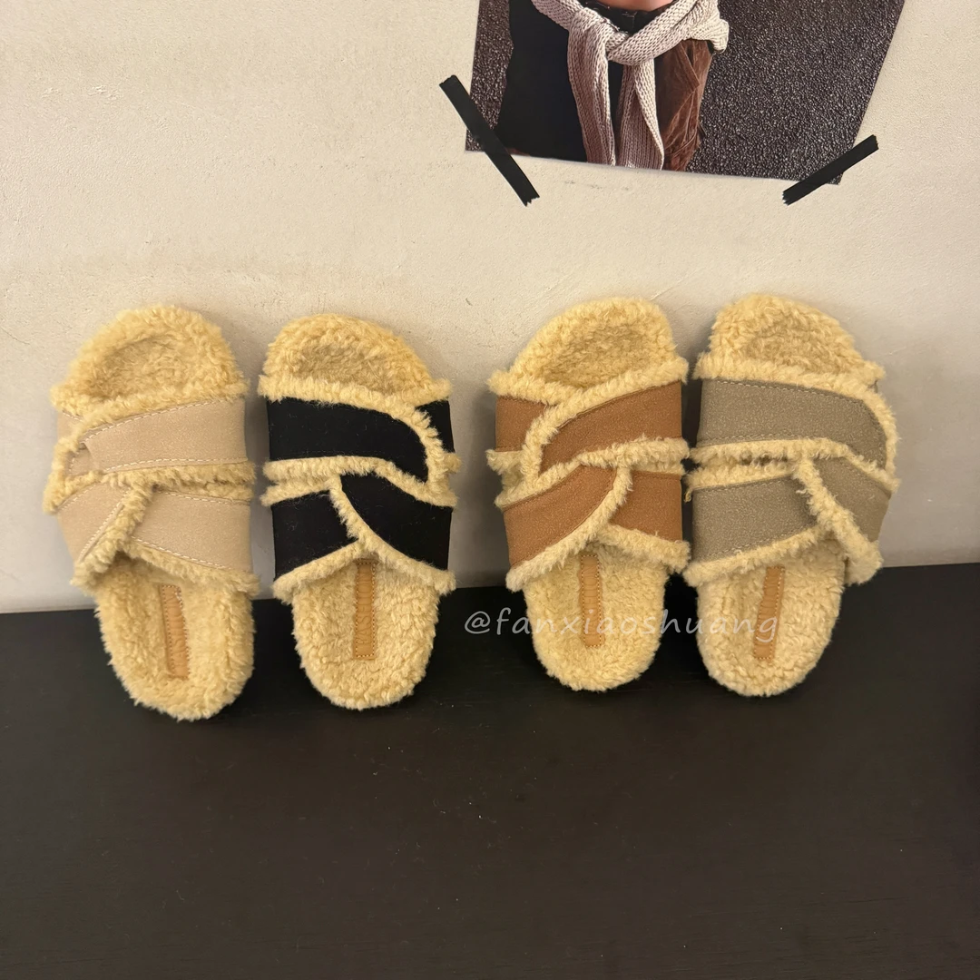 厚底勃肯鞋2025秋冬新款韩版一字毛毛拖鞋女外穿平底博肯加绒棉鞋