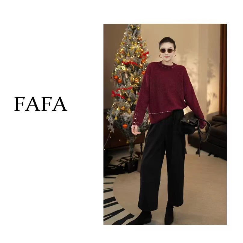 FAFA【臻贵】时尚设计感圆领红色丝线高级针织衫毛衣