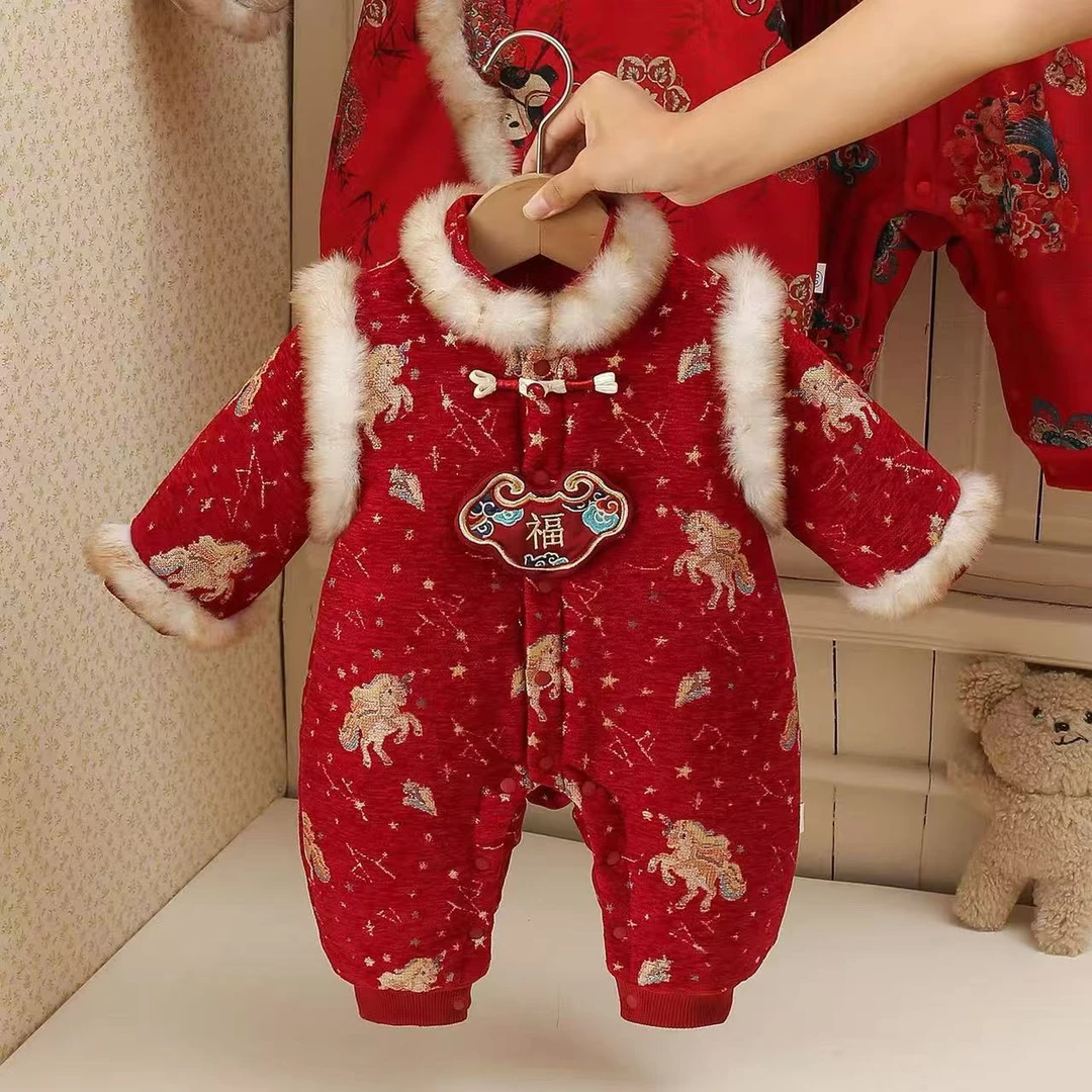 婴儿衣服冬装婴幼儿连体衣新中式宝宝周岁礼服冬季喜庆爬爬服衣服