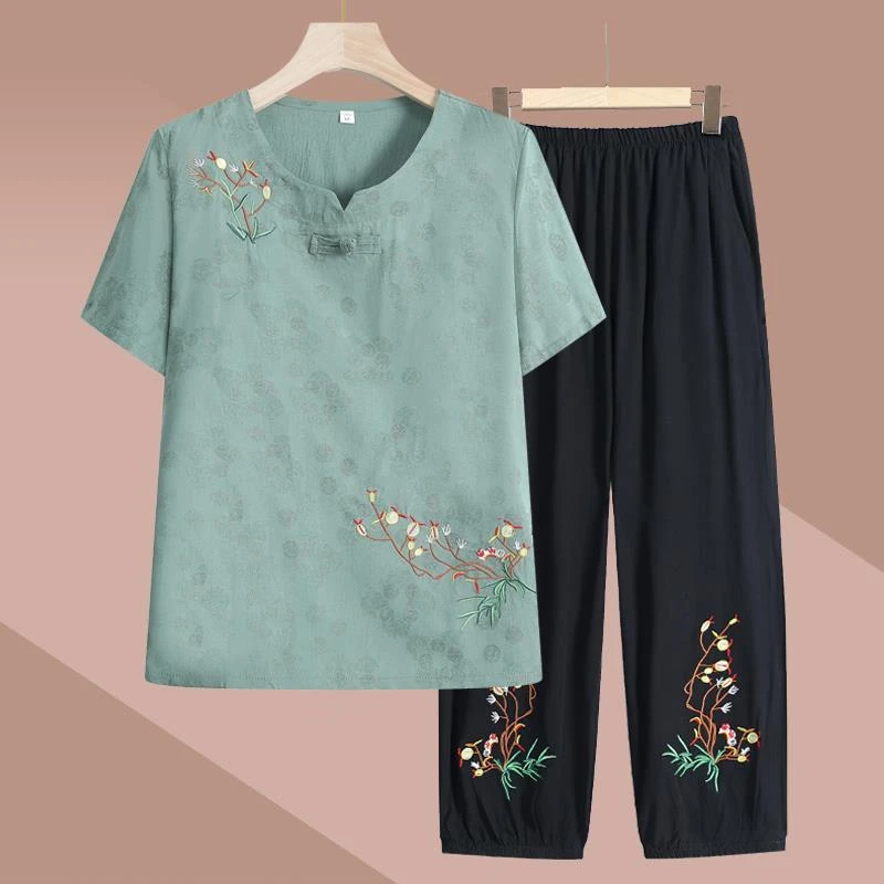 俞兆林中老年人奶奶夏装短袖套装棉麻女妈妈宽松夏季T恤老人老太