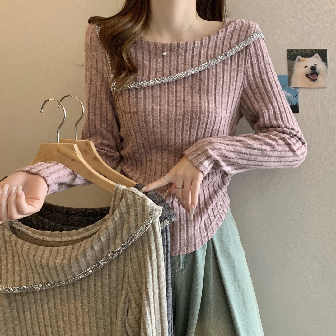 大码女装新款港味小仙女亮片针织长袖衫 2230