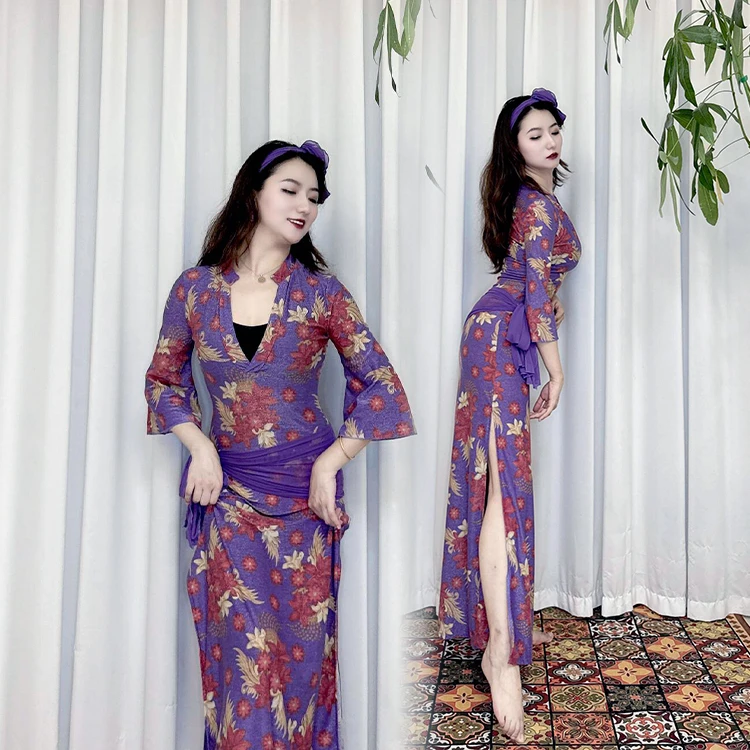 swegal肚皮舞练功服东方舞2025深V紫色印花袍子百搭初学者显瘦
