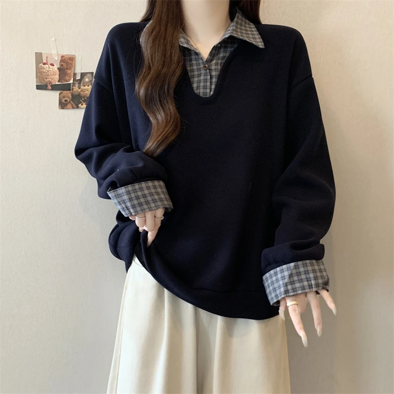大码遮肚子假两件POLO格子领加绒加厚卫衣女秋冬胖MM宽松显瘦上衣